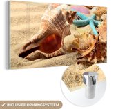 Glasschilderij - Foto op glas - Strand - Zee - Zeesterren - Schelpen - Glasplaat - Wanddecoratie - Acrylglas - Glasschilderij strand - Acrylplaat - 80x40 cm - Muurdecoratie - Schilderijen woonkamer