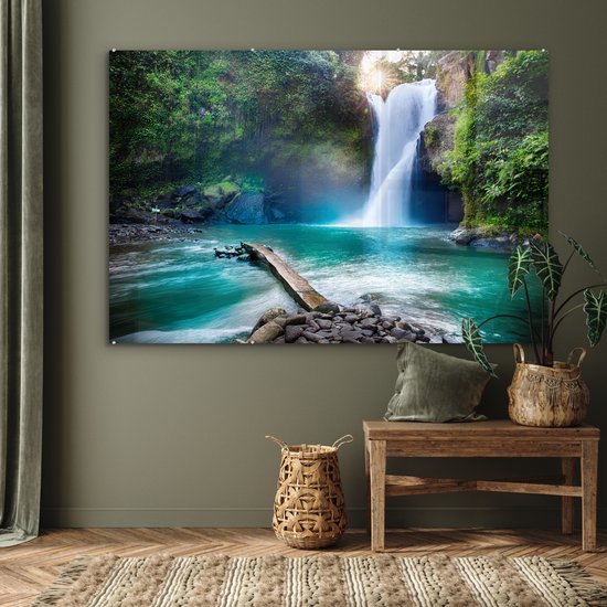 Peinture sur verre - Décoration murale - Cascade - Rocher - Paysage - Pierres - Plaque acrylique - Peinture sur Verres - Décoration d'intérieur - 150x100 cm - Verre acrylique