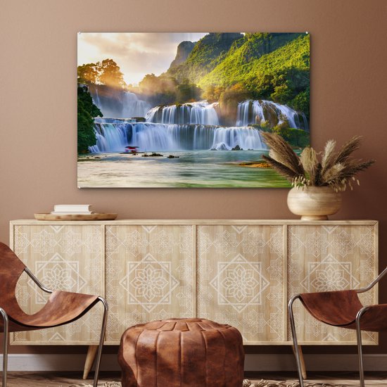 Tableau sur verre - Décoration murale - Cascade - Soleil - Nature - Arbres - Verre acrylique - Photo sur verre - Tableau nature - 120x80 cm - Décoration murale