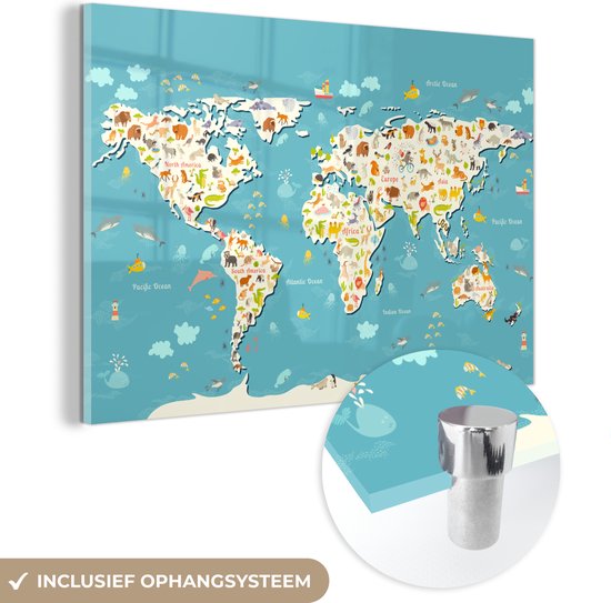 Peinture sur Verre - Carte du Wereldkaart - Enfants - Couleurs - Animaux - 60x40 cm - Peintures sur Verre Peintures - Photo sur Glas