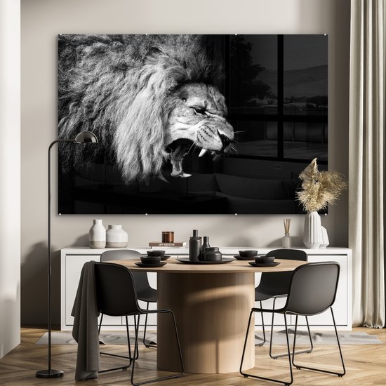 Peinture sur verre - Photo sur verre - Verre acrylique - Animaux - Lion - Zwart - Wit - 180x120 cm - Décoration de chambre - Peinture sur verre animaux - Décoration murale verre - Peinture sur verre lion
