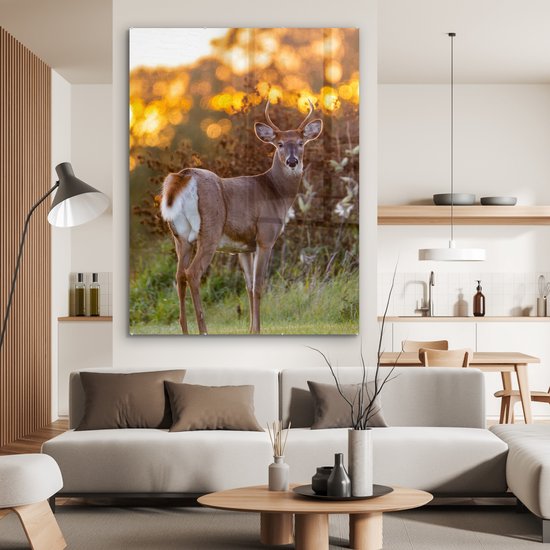 Peinture sur verre - Verre acrylique - Cerf - Bruyère - Nature - Coucher de soleil - Peinture sur verre - Photo sur verre - Décoration murale - 120x160 cm - Peinture sur verre animaux - Décoration murale