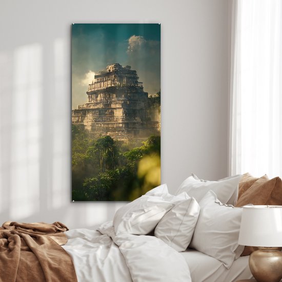 MuchoWow - Peinture sur verre - Photo sur verre - Jungle - Temple - Ciel - Nuages ​​- Vert - Peinture sur verre - Verre acrylique - Décoration de chambre - 60x120 cm - Décoration murale murale - Peintures de salon