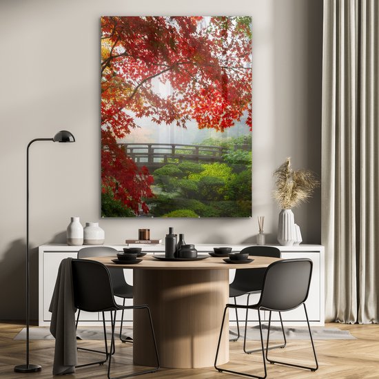 Peinture sur verre - Japonais - Pont - Érable du Japon - Arbres - Nature - Verre acrylique - Photo sur verre - 90x120 cm - Peinture sur verre nature - Décoration murale verre - Décoration murale - Peinture verre