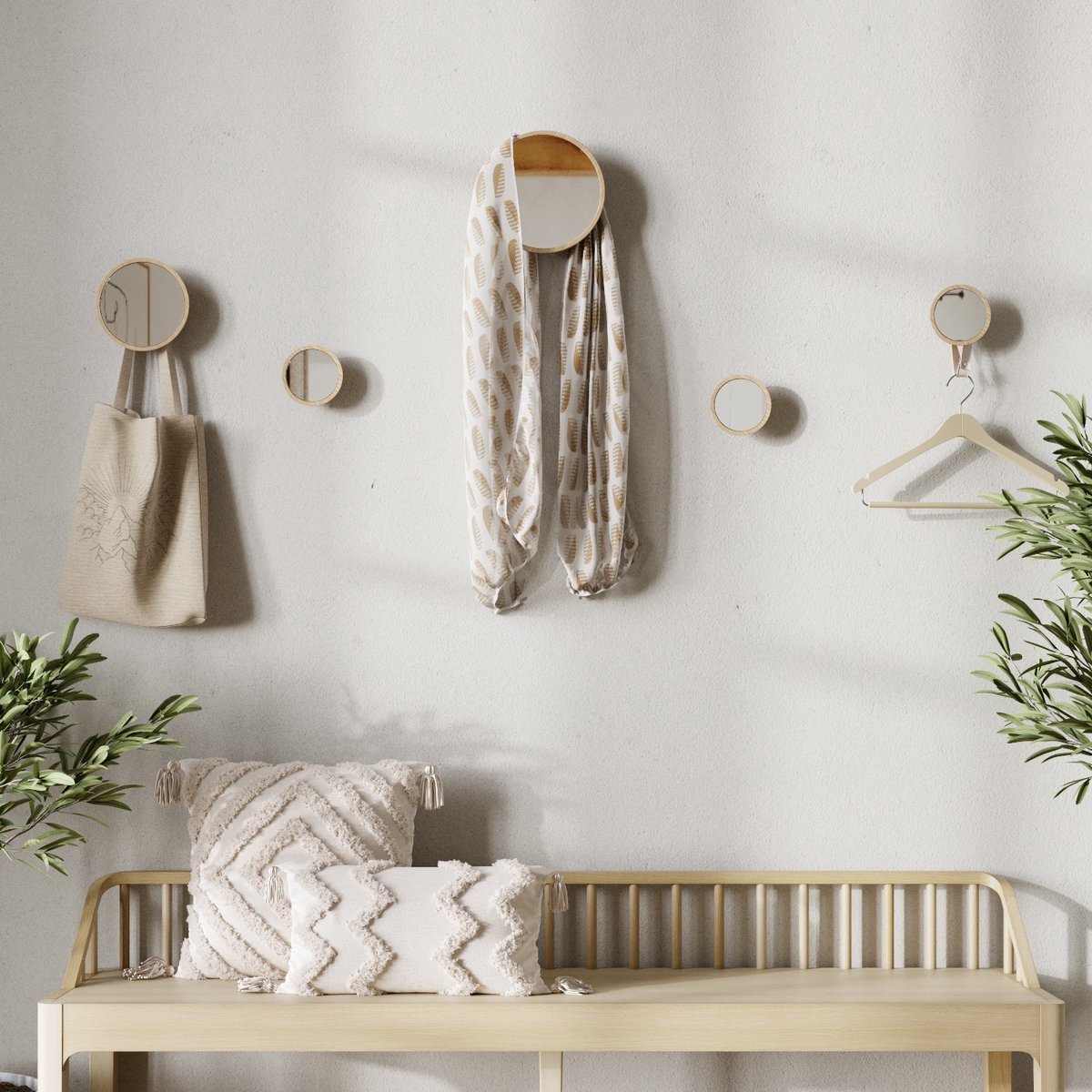 Wand Kapstok Met Spiegel, Maat M, Afmeting: D15xH15 cm, Naturel