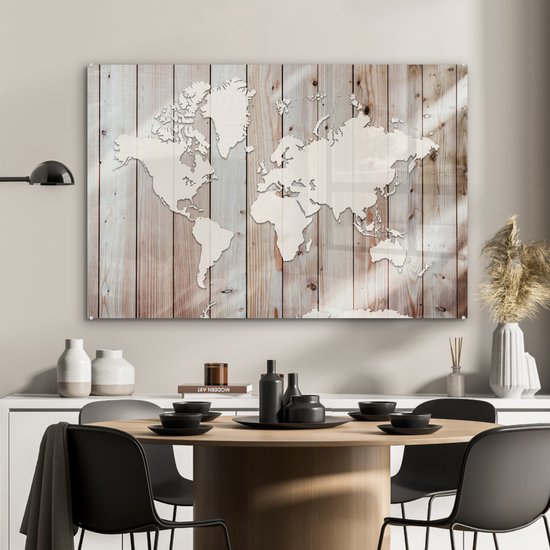 Peinture sur verre - Carte du Wereldkaart - Bois - Simple - 120x80 cm - Peintures en plexiglas
