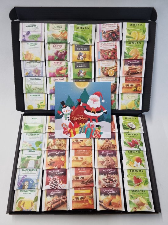 Thee Proeverij Pakket | Theepakket met 50 verschillende theesmaken met Mystery Card ‘Merry Christmas’ met persoonlijke (video)boodschap | Verjaardag | Sinterklaas | Kerstpakket | Vaderdag | Moederdag | Jubileum | Valentijnsdag