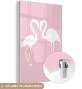 MuchoWow® Glasschilderij 100x150 cm - Schilderij acrylglas - Roze - Hart - Flamingo - Foto op glas - Schilderijen