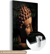 MuchoWow® Glasschilderij 40x60 cm - Schilderij acrylglas - Bruin - Boeddha - Bladeren - Foto op glas - Schilderijen