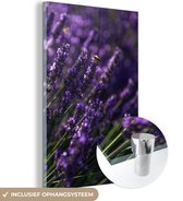 MuchoWow® Glasschilderij 40x60 cm - Schilderij acrylglas - Close-up van lavendel met bij - Foto op glas - Schilderijen