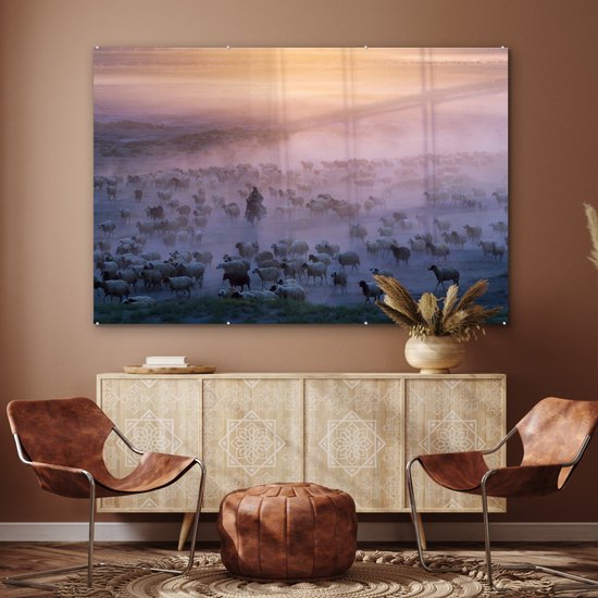 Peinture sur verre - Herder sur un chevalet entre troupeau de moutons dans le brouillard - 180x120 cm - Peintures sur Verre Peintures - Photo sur Glas