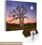 MuchoWow® Glasschilderij 160x120 cm - Schilderij acrylglas - Volle maan bij zonsondergang over Afrikaanse baobab bomen - Foto op glas - Schilderijen