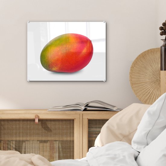 ® Glasschilderij 40x30 cm - Schilderij acrylglas - Groene en oranje mango op witte achtergrond - Foto op glas - Muurdecoratie woonkamer - Wanddecoratie slaapkamer - Schilderijen