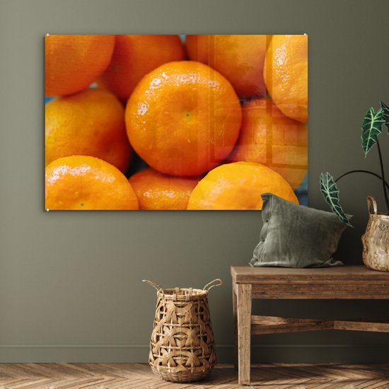 MuchoWow® Peinture sur verre 120x80 cm - Peinture sur verre acrylique - Mandarines brillantes en tas - Photo sur verre - Peintures