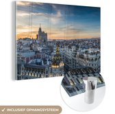MuchoWow® Glasschilderij 180x120 cm - Schilderij acrylglas - Madrid en de Gran Vía tijdens zonsondergang - Foto op glas - Schilderijen