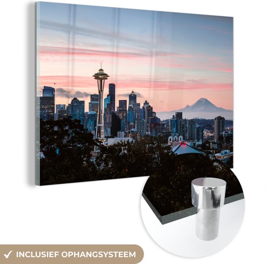 MuchoWow® Glasschilderij 90x60 cm - Schilderij acrylglas - Seattle - Skyline - Berg - Foto op glas - Schilderijen