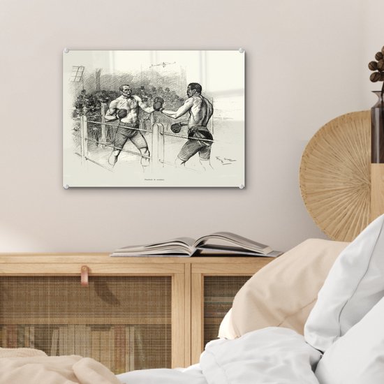 ® Glasschilderij 40x30 cm - Schilderij acrylglas - Een illustratie van een wedstrijd boksen - Foto op glas - Muurdecoratie woonkamer - Wanddecoratie slaapkamer - Schilderijen