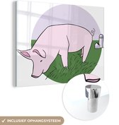 MuchoWow® Peinture sur verre 80x60 cm - Peinture sur verre acrylique - Illustration d'un porcelet dans un pré vert - Photo sur verre - Peintures