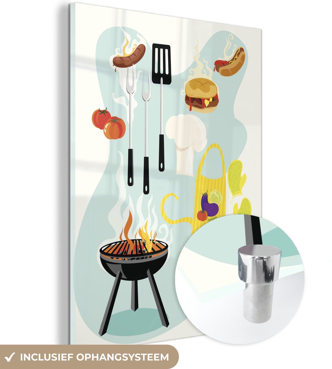 ® Glasschilderij 60x80 cm - Schilderij acrylglas - Een illustratie van een barbecue met ha