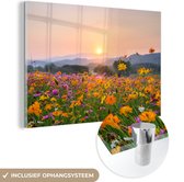 MuchoWow® Glasschilderij 120x80 cm - Schilderij acrylglas - Bloemen - Zonsondergang - Berg - Foto op glas - Schilderijen