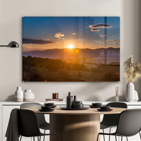 Le soleil disparaît derrière les montagnes au plexiglas japonais de Kyoto 90x60 cm - Tirage photo sur Glas (décoration murale en plexiglas)