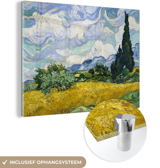 MuchoWow® Glasschilderij 120x90 cm - Schilderij acrylglas - Tarweveld met Cipressen - Vincent van Gogh - Foto op glas - Schilderijen