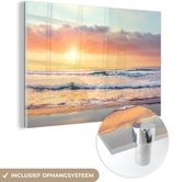 MuchoWow® Glasschilderij 30x20 cm - Schilderij acrylglas - Golven - Zonsondergang - Oceaan - Foto op glas - Schilderijen