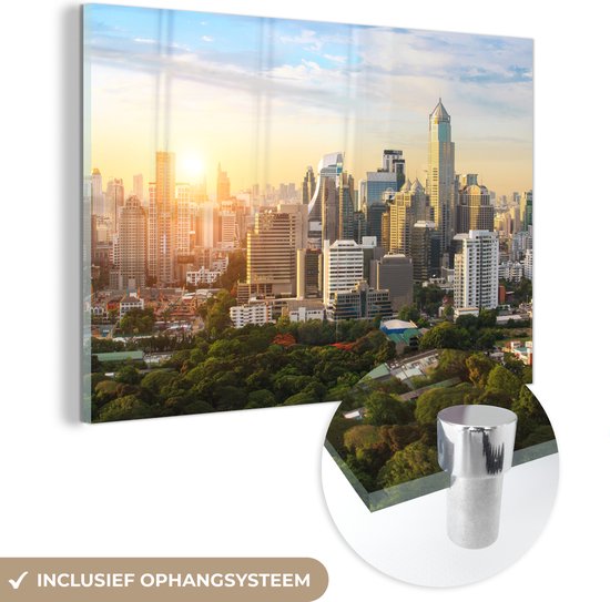 MuchoWow® Glasschilderij 120x80 cm - Schilderij acrylglas - Skyline - Bangkok - Thailand - Foto op glas - Schilderijen