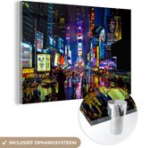 MuchoWow® Glasschilderij 150x100 cm - Schilderij acrylglas - New York - Regen - Nacht - Foto op glas - Schilderijen