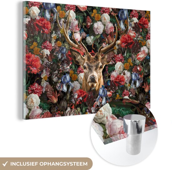 MuchoWow® Glasschilderij 120x80 cm - Schilderij acrylglas - Hert - Gewei - Bloemen - Foto op glas - Schilderijen
