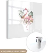 MuchoWow® Glasschilderij 20x20 cm - Schilderij acrylglas - Flamingo - Bladeren - Bloemen - Tekening - Foto op glas - Schilderijen