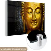 MuchoWow® Glasschilderij 120x80 cm - Schilderij acrylglas - Boeddha - Zwart - Goud - Foto op glas - Schilderijen