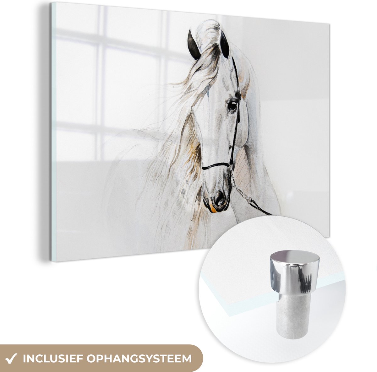 ® Glasschilderij 150x100 cm - Schilderij acrylglas - Paard - Waterverf - Dieren - Wit - Foto op glas - Muurdecoratie woonkamer - Wanddecoratie slaapkamer - Schilderijen
