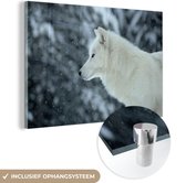 MuchoWow® Glasschilderij 60x40 cm - Schilderij acrylglas - Wolf - Sneeuw - Bomen - Foto op glas - Schilderijen