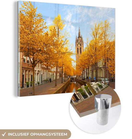 MuchoWow® Glasschilderij 120x90 cm - Schilderij acrylglas - Delft - Herfst - Water - Foto op glas - Schilderijen