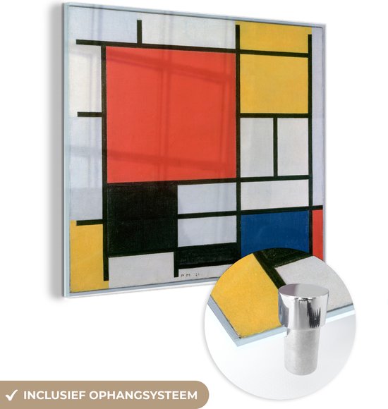MuchoWow® Glasschilderij 20x20 cm - Schilderij acrylglas - Compositie 2 in Rood Blauw en Geel - Piet Mondriaan - Foto op glas - Schilderijen