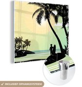 MuchoWow® Glasschilderij 90x90 cm - Schilderij acrylglas - Strand - Zon - Palmboom - Surfen - Foto op glas - Schilderijen