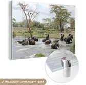 MuchoWow® Glasschilderij 120x80 cm - Schilderij acrylglas - Afrikaanse olifanten in het water - Foto op glas - Schilderijen
