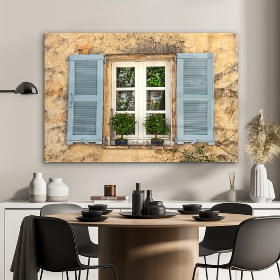 Peinture sur verre - Vieux Mur aux volets bleus - 120x80 cm - Peintures sur Verre Peintures - Photo sur Glas
