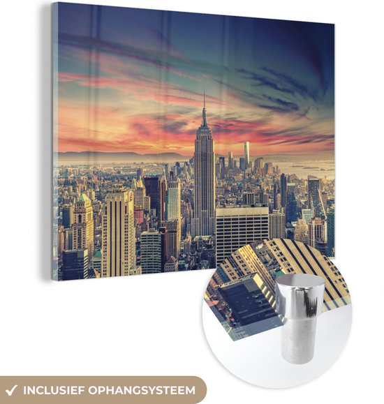 MuchoWow® Glasschilderij 80x60 cm - Schilderij acrylglas - Kleurrijke lucht boven het Empire State Building in New York - Foto op glas - Schilderijen