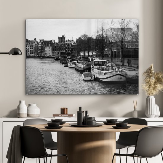 Peinture sur Verre - Canal à Amsterdam - Zwart - Wit - 120x80 cm - Peintures sur Verre Peintures - Photo sur Glas