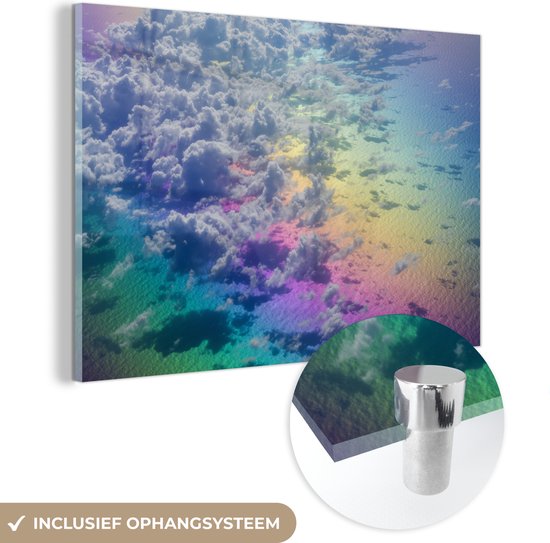 MuchoWow® Peinture sur verre 180x120 cm - Peinture acrylique sur verre - Nuages ​​avec arc-en-ciel - Photo sur verre - Peintures
