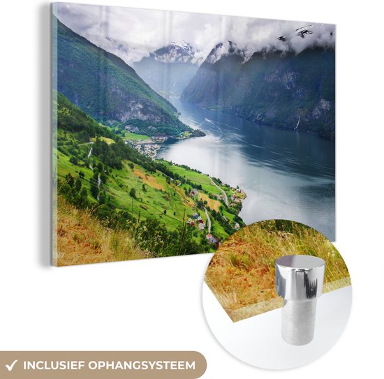 MuchoWow® Glasschilderij 30x20 cm - Schilderij acrylglas - Aurlands Fjord Noorwegen foto - Foto op glas - Schilderijen