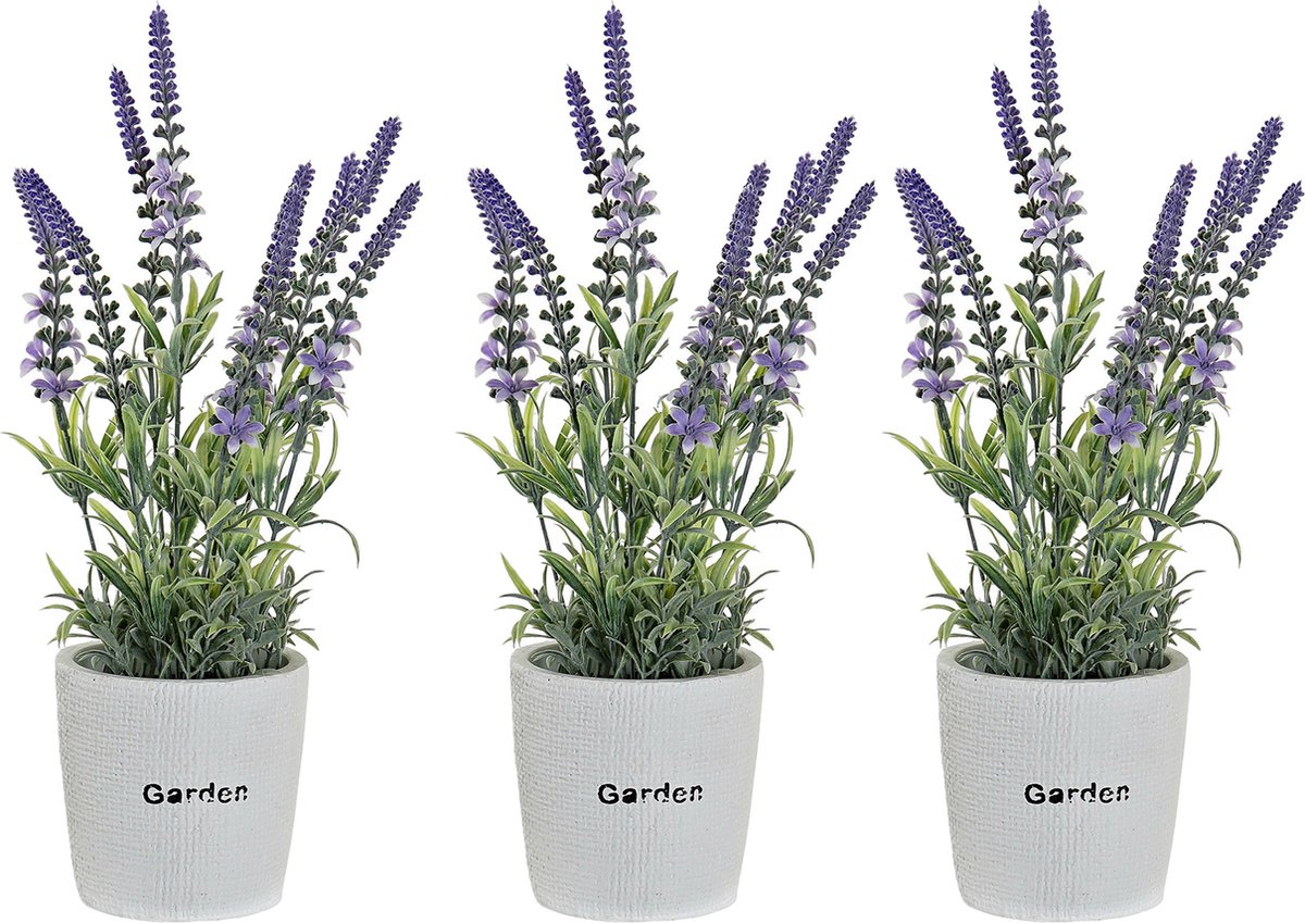 Items Kunstplant/bloem Lavendel - 3x - in bloempot - paarse bloemen - 10 x 36 cm