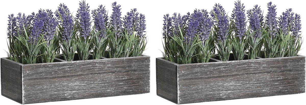 Items Lavendel bloemen kunstplant in bloembak - 2x - paarse bloemen - 34 x 14 x 19 cm - bloemstukje
