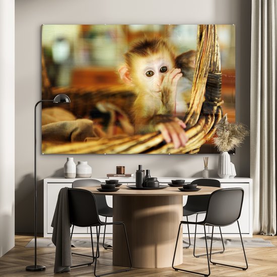 ® Glasschilderij 180x120 cm - Schilderij acrylglas - Baby aap in een rieten mand - Jongen - Kind - Meisjes - Kinderen - Foto op glas - Muurdecoratie woonkamer - Wanddecoratie slaapkamer - Schilderijen