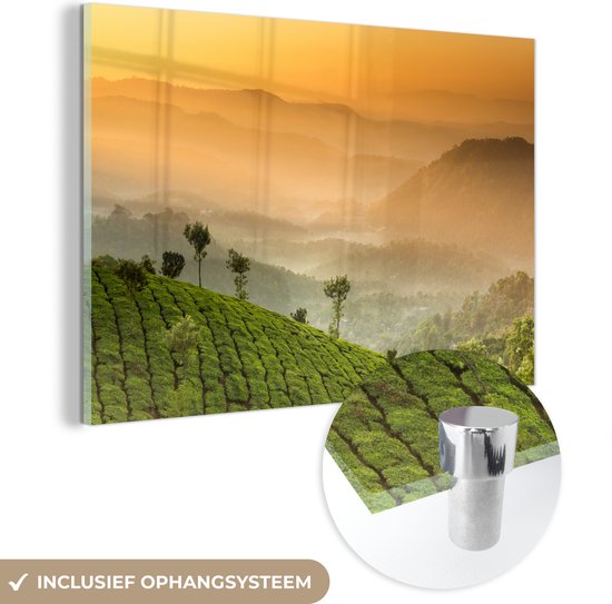 MuchoWow® Peinture sur verre 120x80 cm - Peinture sur verre acrylique - Coucher de soleil sur les plantations de thé - Photo sur verre - Peintures