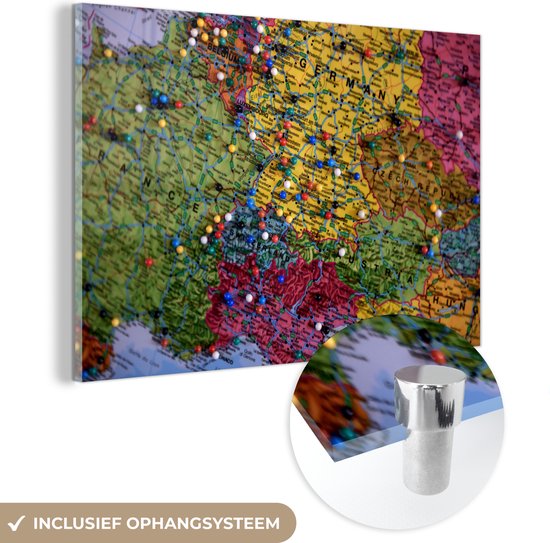 MuchoWow® Glasschilderij 60x40 cm - Schilderij acrylglas - Kaart - Europa - Pin - Foto op glas - Schilderijen