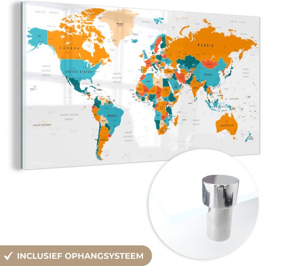 MuchoWow® Peinture sur verre 80x40 cm - Peinture acrylique sur verre - Wereldkaart - Atlas - Couleurs - Photo sur verre - Peintures