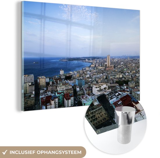 MuchoWow® Glasschilderij 150x100 cm - Schilderij acrylglas - Luchtfoto van de hoofdstad Havana in Cuba - Foto op glas - Schilderijen